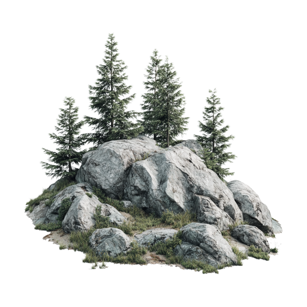 3d rock with pine trees on it png