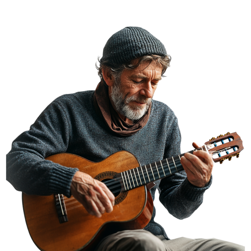 an old man playing the guitar on a transparent background png