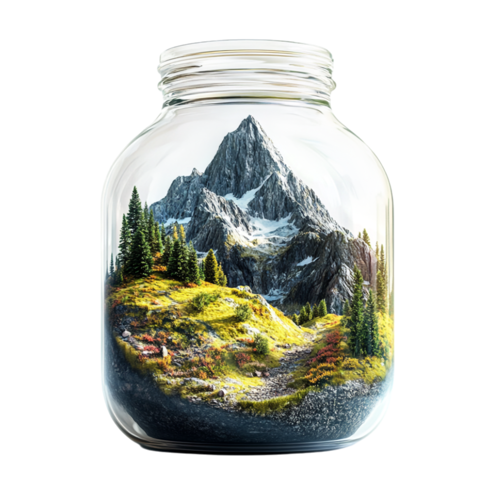 a jar with mountain landscape inside png