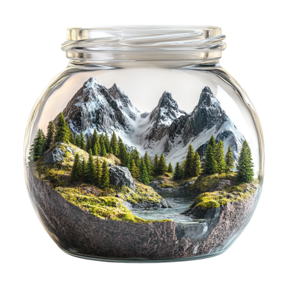 jar with a mountain landscape inside png