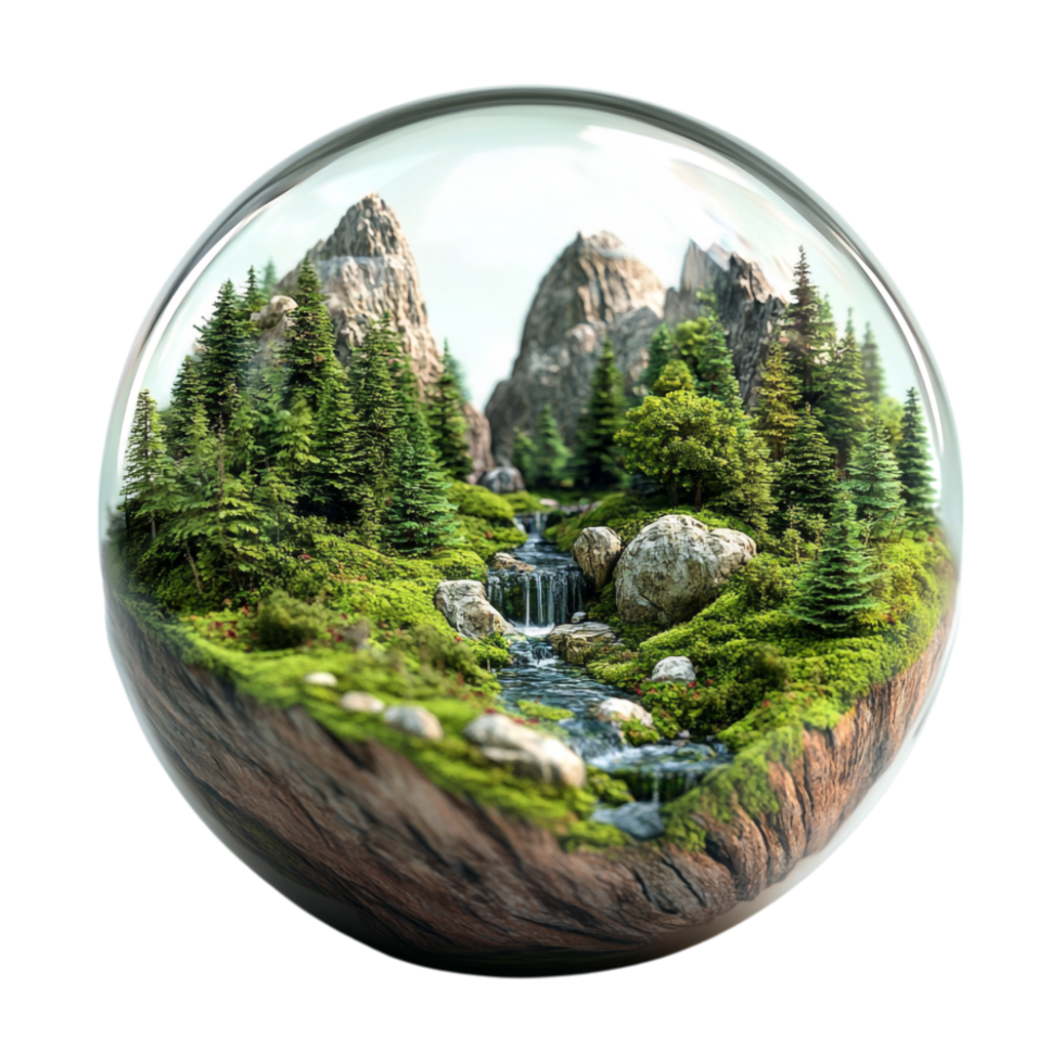 a glass ball with a forest and stream inside png