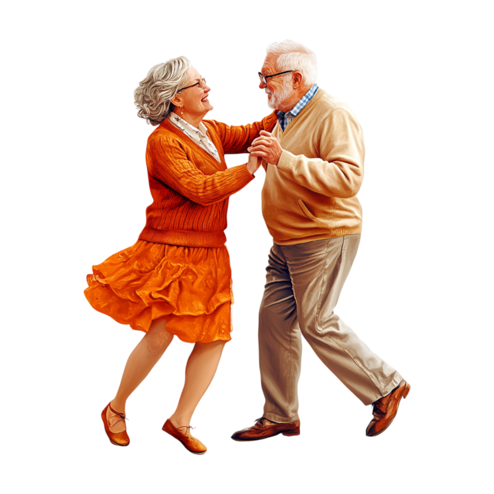 an elderly couple dancing together on a transparent background png