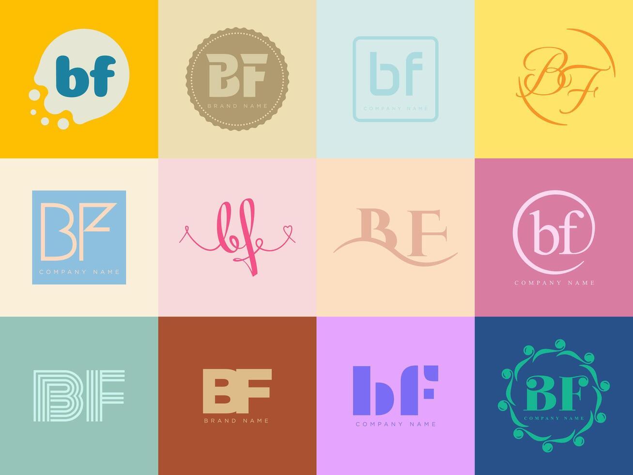 BF logo company template Letter b and f logotype. Set different classic serif lettering and modern bold text with design elements. Initial font typography. vector