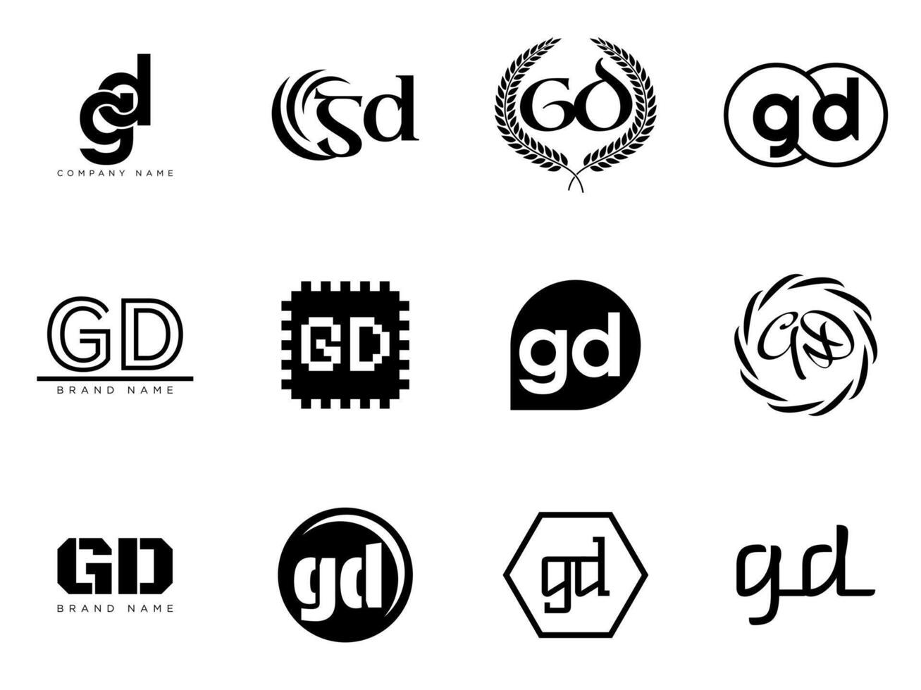 GD logo company template. Letter g and d logotype. Set different classic serif lettering and modern bold text with design elements. Initial font typography. vector