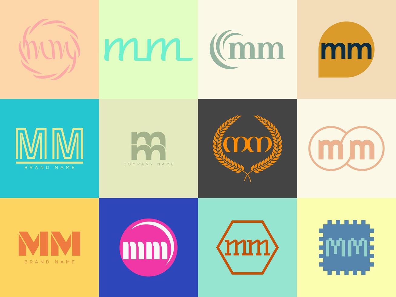 MM logo company template Letter m and m logotype. Set different classic serif lettering and modern bold text with design elements. Initial font typography. vector