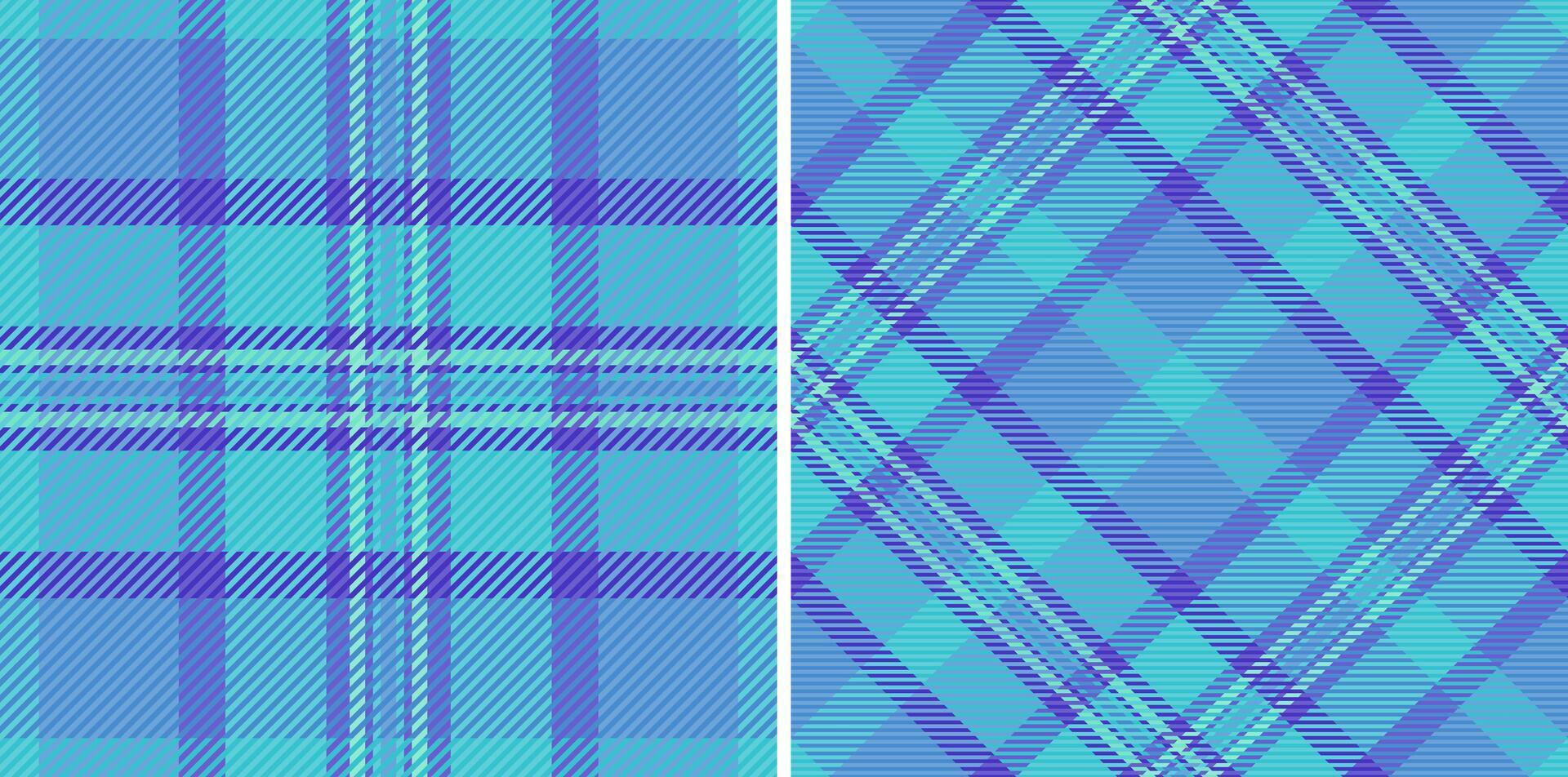 Vibrant turquoise and purple plaid patterns, perfect for textile design, fashion, and web backgrounds. These seamless textures offer a modern, stylish aesthetic, symbolizing order and sophistication. vector