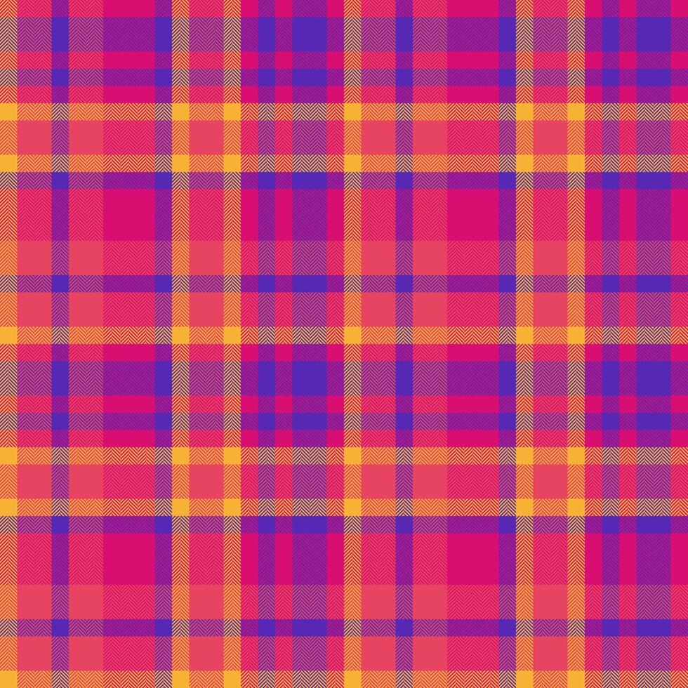 Vibrant plaid pattern in bold pink, orange, and purple hues. Ideal for textile design, fashion, websites, and branding. vector