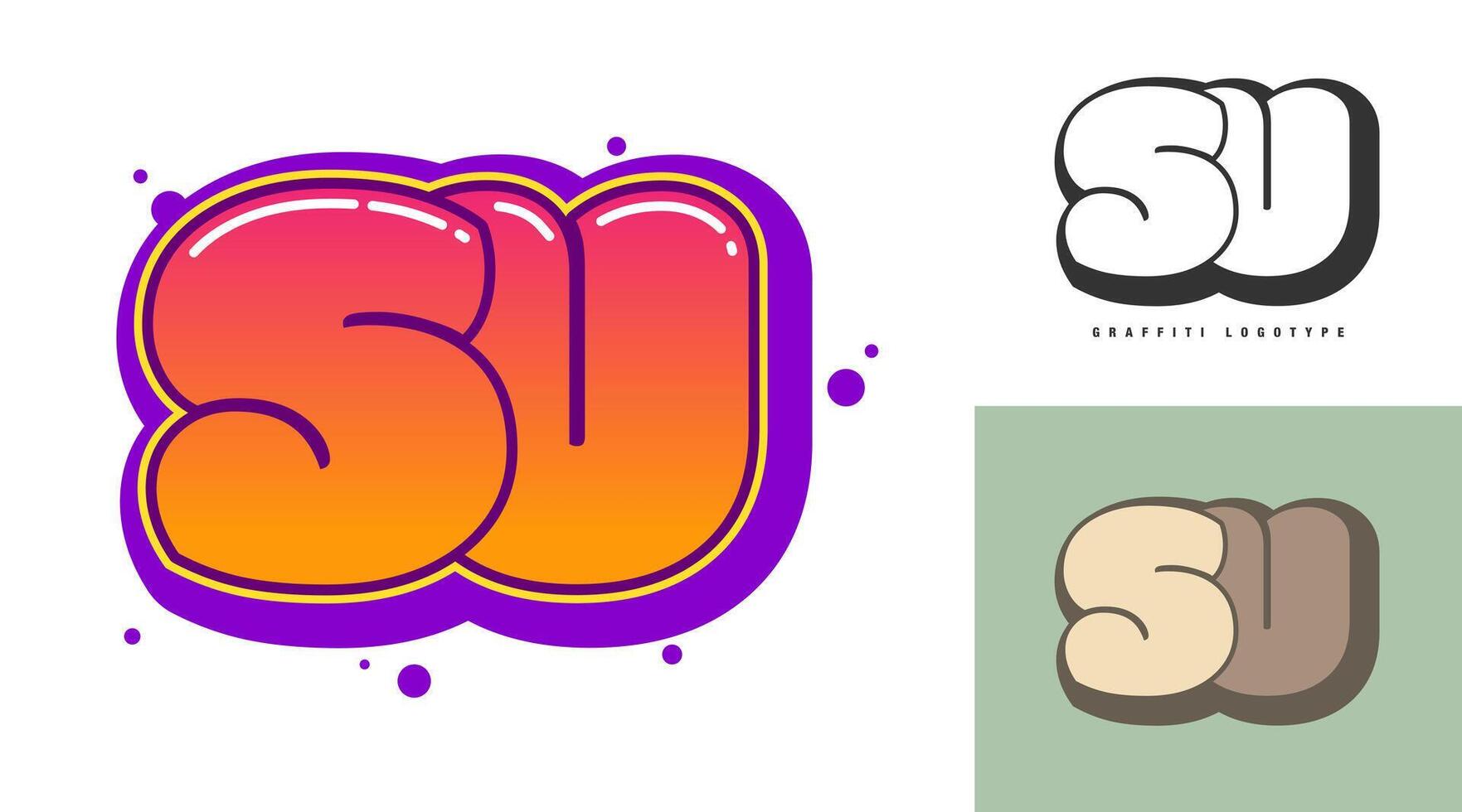 SU logo design for festival or party. Initial letter s and u in graffiti style. Creative modern lettering company name of font typography. Kids trendy logotype or identity. vector