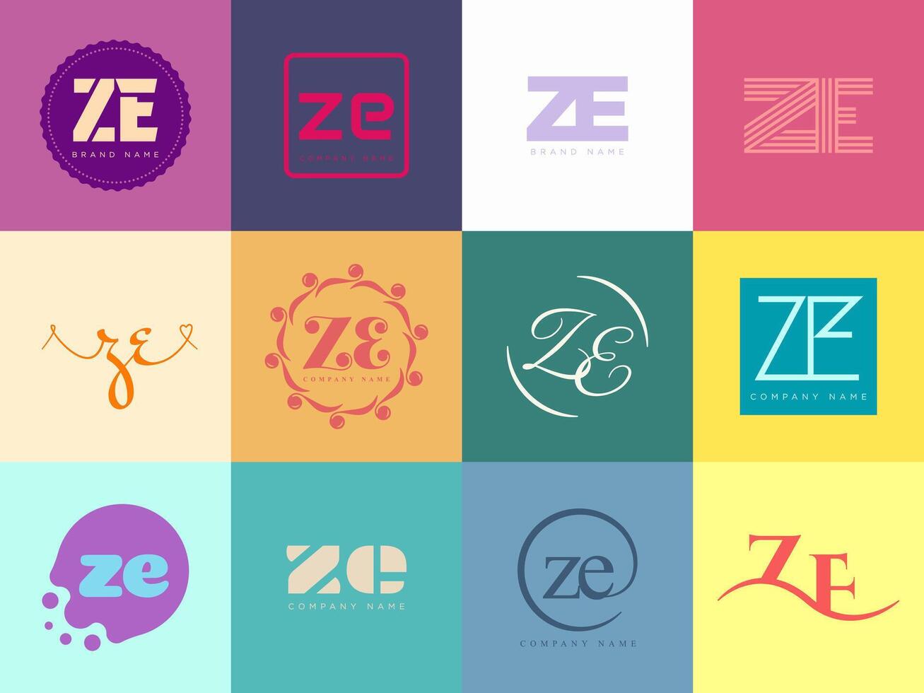 ZE logo company template Letter z and e logotype. Set different classic serif lettering and modern bold text with design elements. Initial font typography. vector