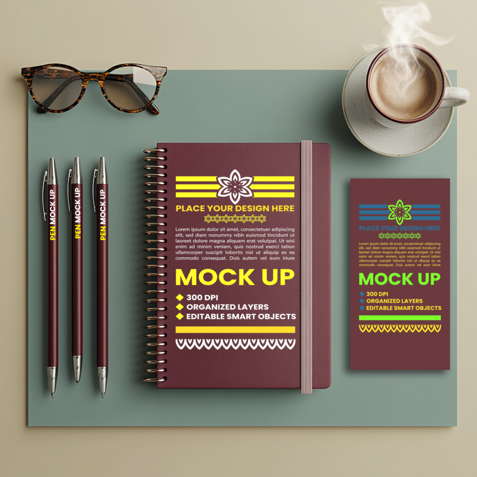 Spiral notebook and spring paper notepad mock up with binder diary and corporate cover psd