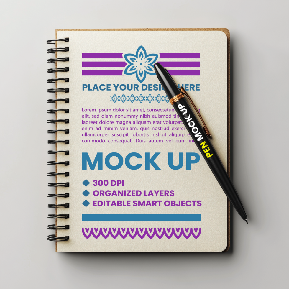 Spiral notebook binder and stationery notepad cover mock up with spring paper for corporate use psd