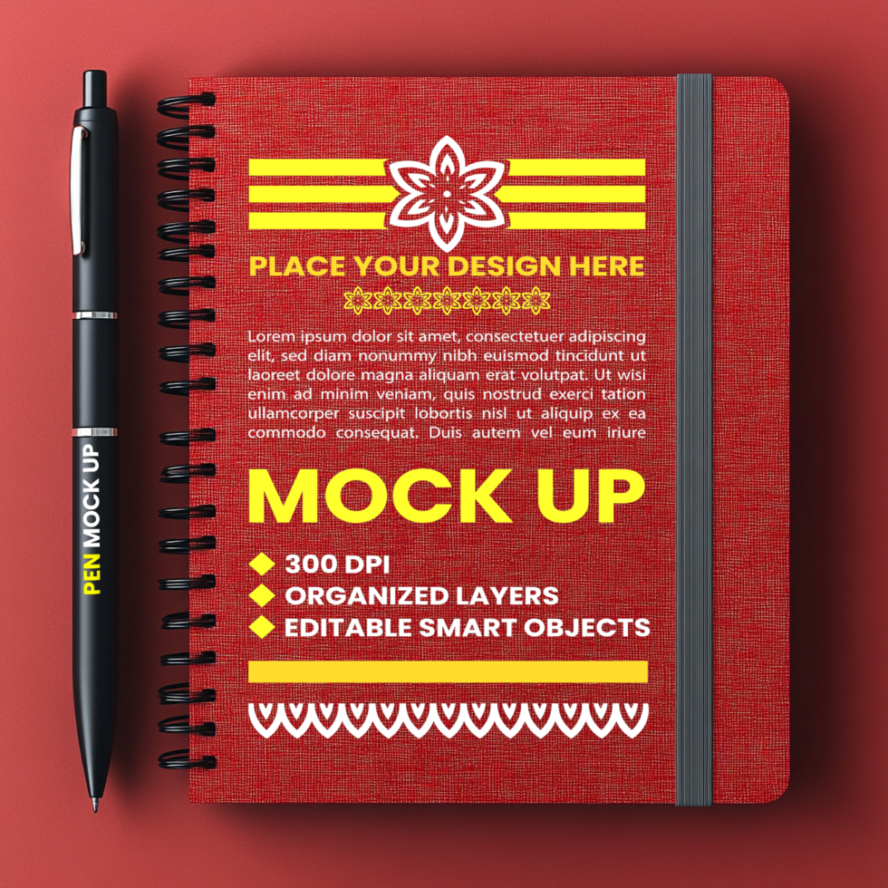 Minimalist spiral notebook red maroon cover mock up with spring notepad binder and corporate paper psd