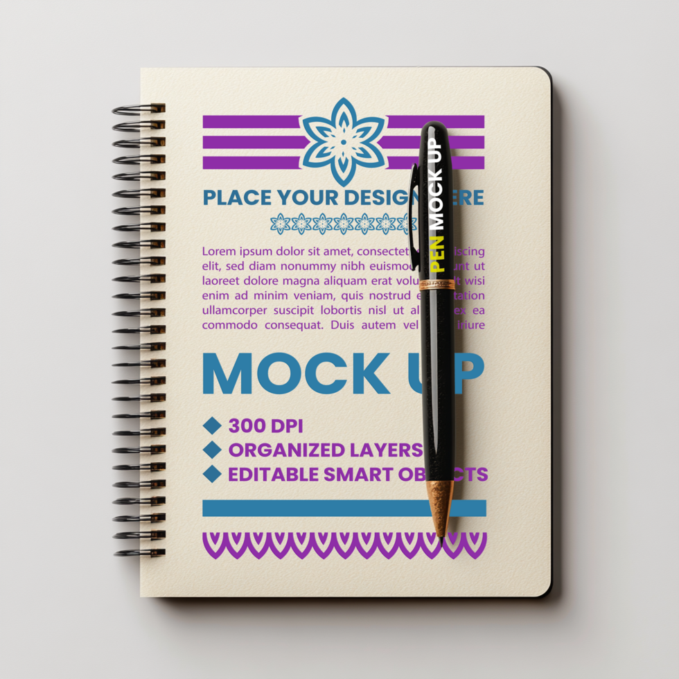 Stationery binder with spiral notebook cover mock up spring notepad and corporate paper set psd