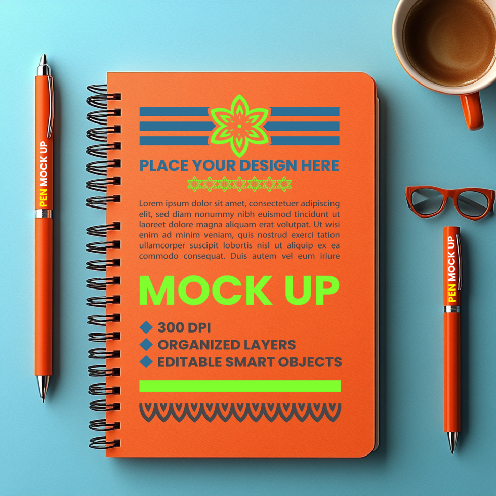 Spring notepad with spiral notebook mock up and corporate binder for diary and paper psd