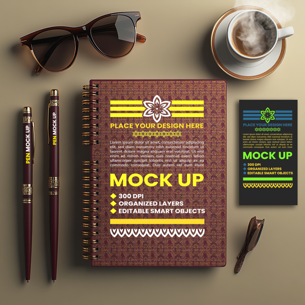 Notebook mock up showing spiral notebook cover with notepad and corporate paper presentation psd