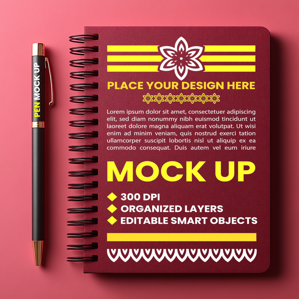 Spiral notebook cover mock up with corporate diary binder paper and spring notepad note psd