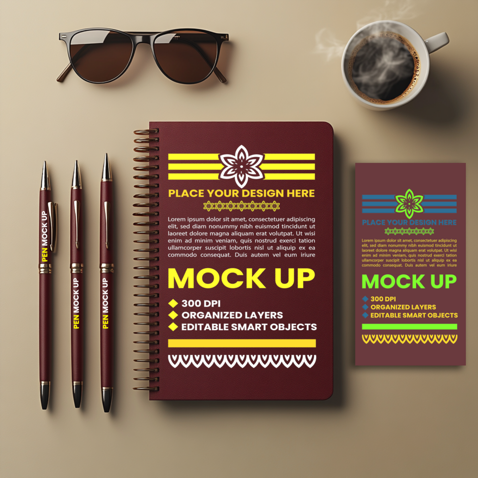 Spiral paper notebook binder with corporate diary spring cover and notepad mock up design psd