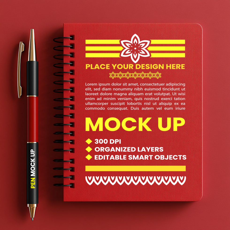 Spiral notebook red maroon cover mock up with spring binder and notepad for stationery and corporate paper psd