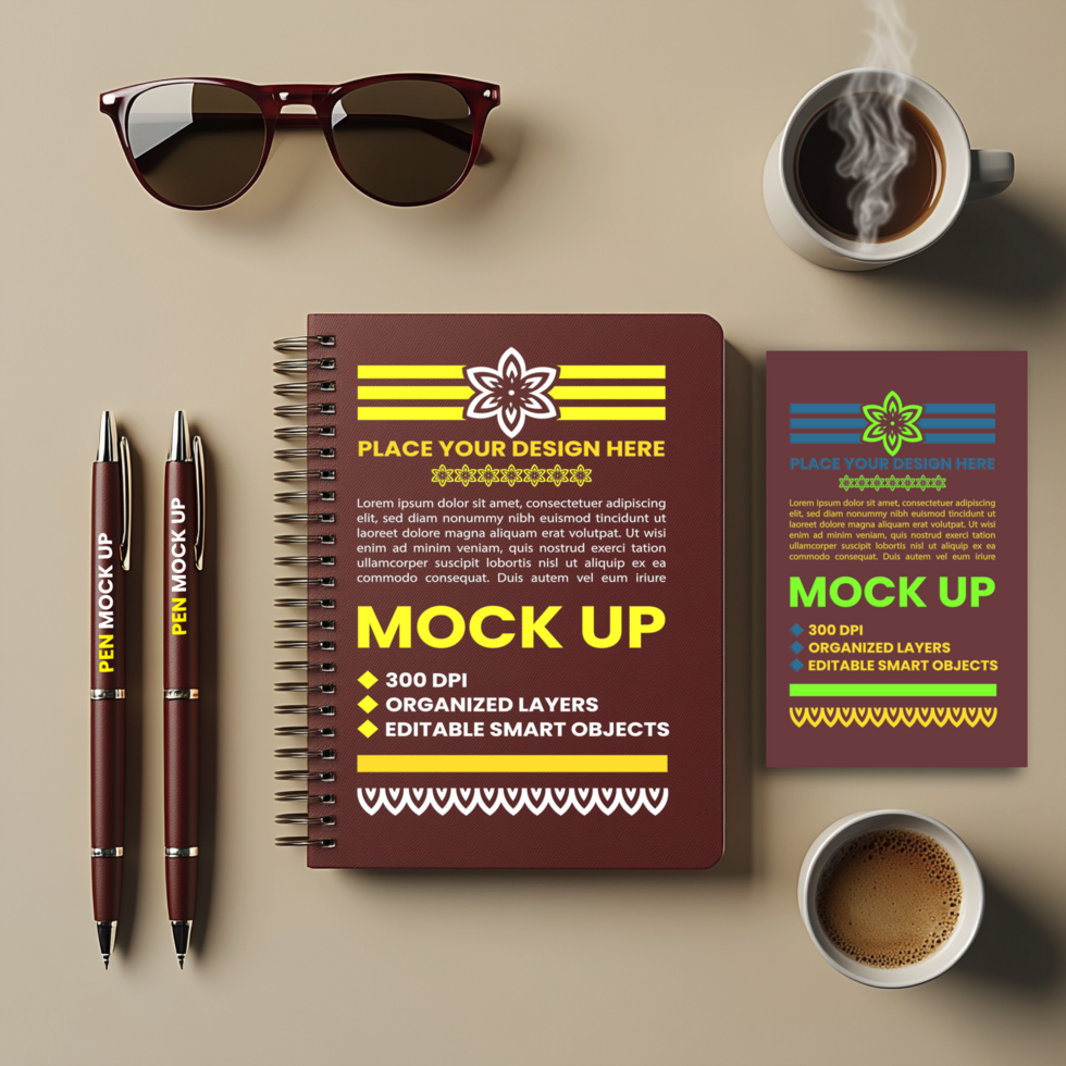Spiral spring notebook binder with notepad and paper mock up for corporate diary cover psd