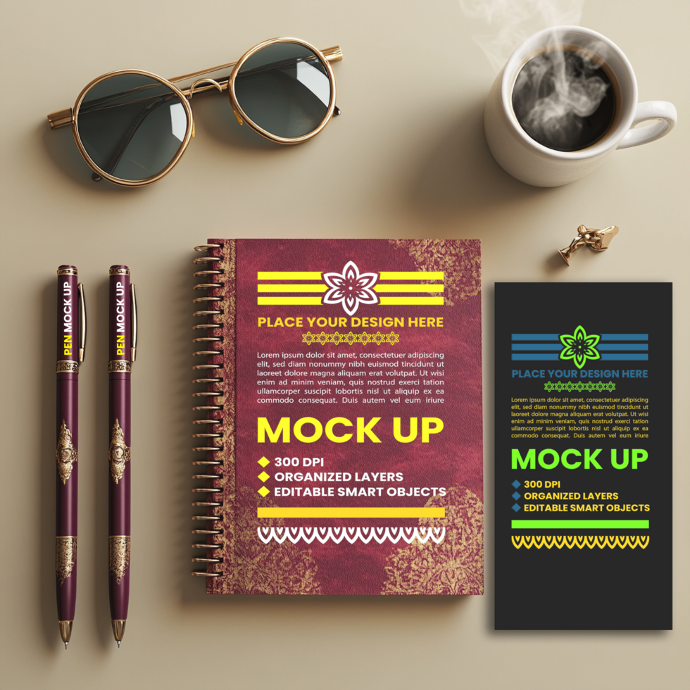 Spring notebook and diary styled mock up with spiral notebook cover and organized binder pages psd