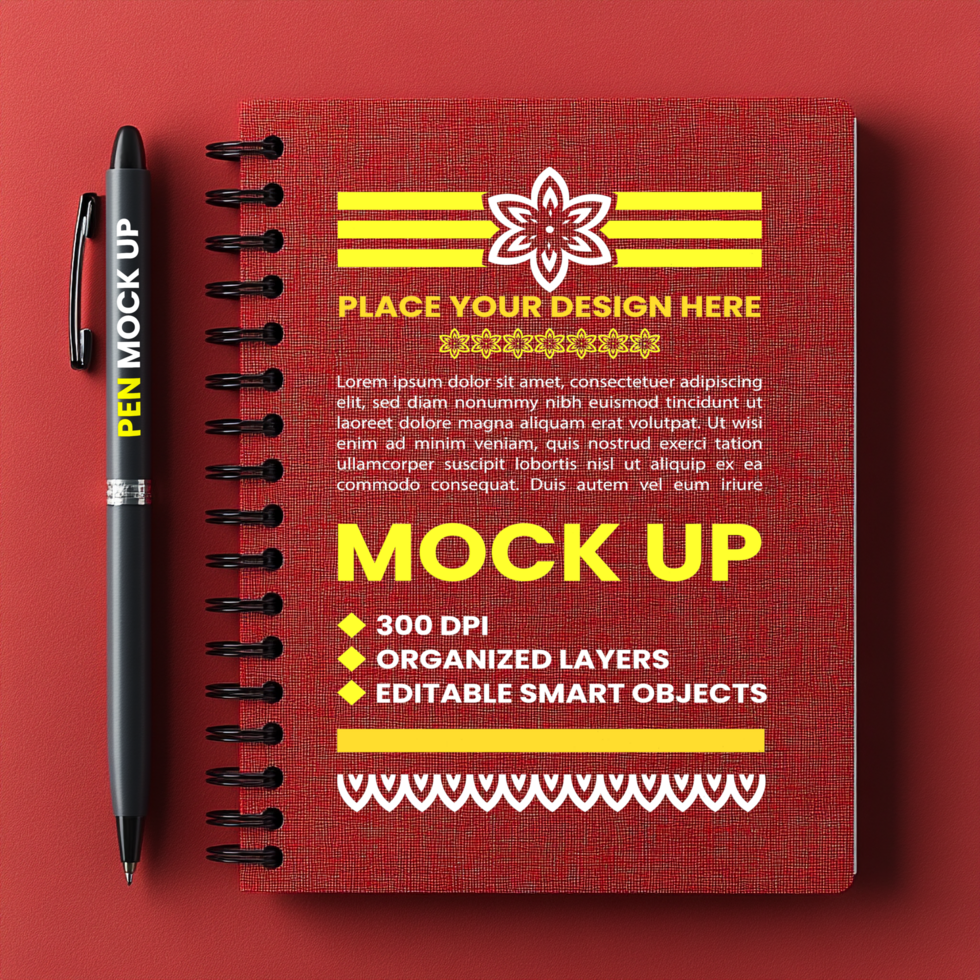 Corporate stationery mock up of spiral notebook red maroon cover binder notepad and paper essentials psd