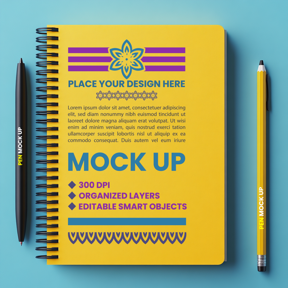 Spiral notebook cover mock up with notepad paper spring binder and corporate stationery theme psd