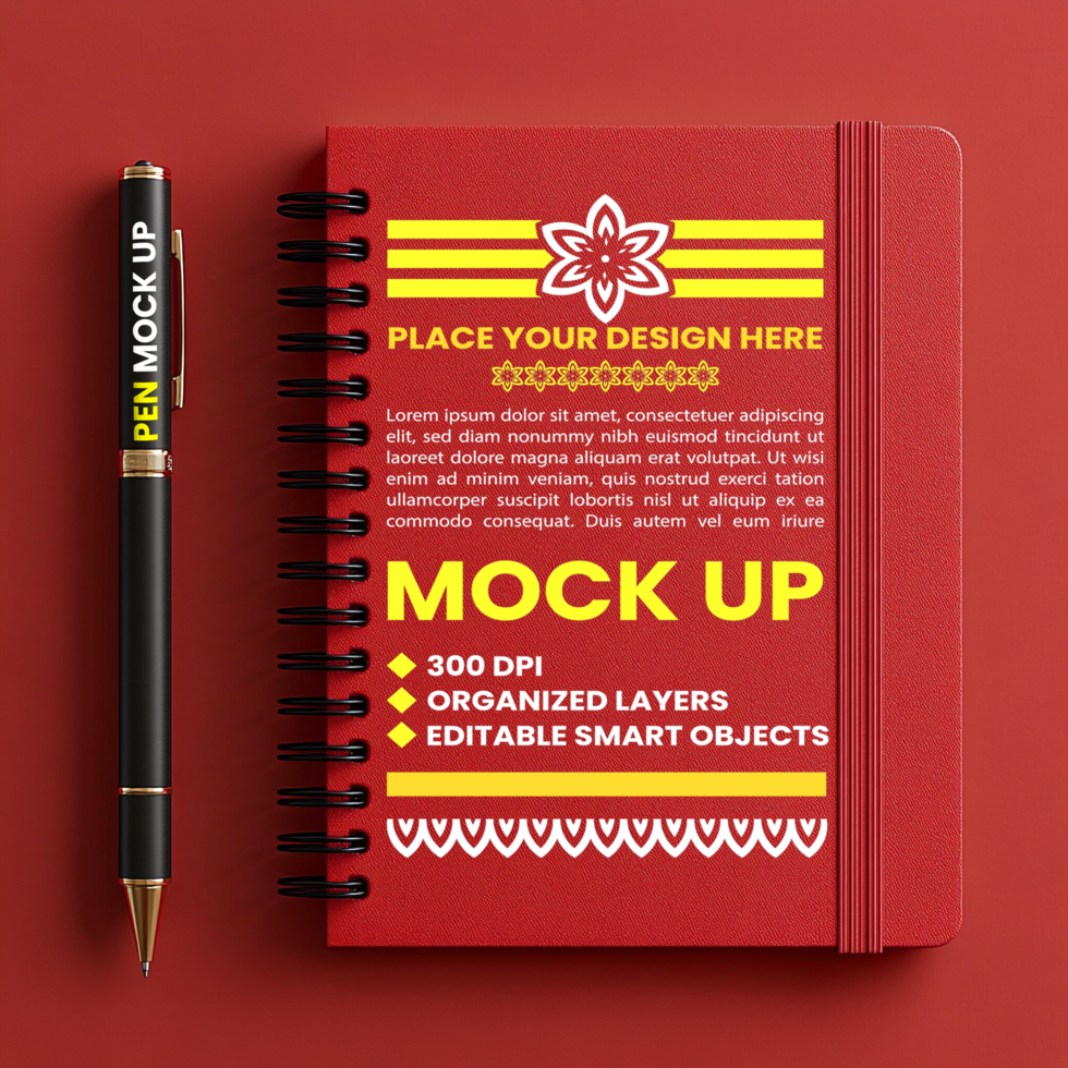 Stylish spiral notebook red maroon cover mock up showing notepad and binder for paper and corporate use psd