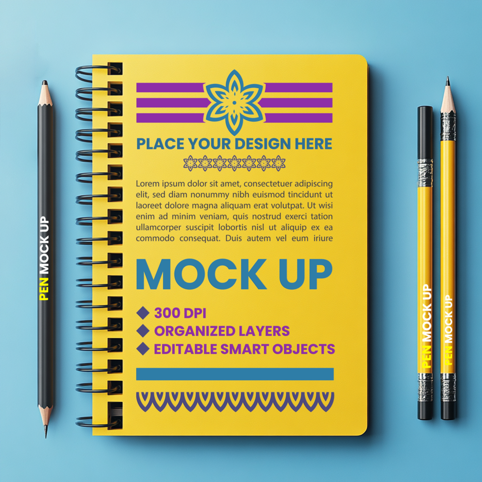 Spring stationery with spiral notebook cover and corporate paper binder and notepad mock up psd