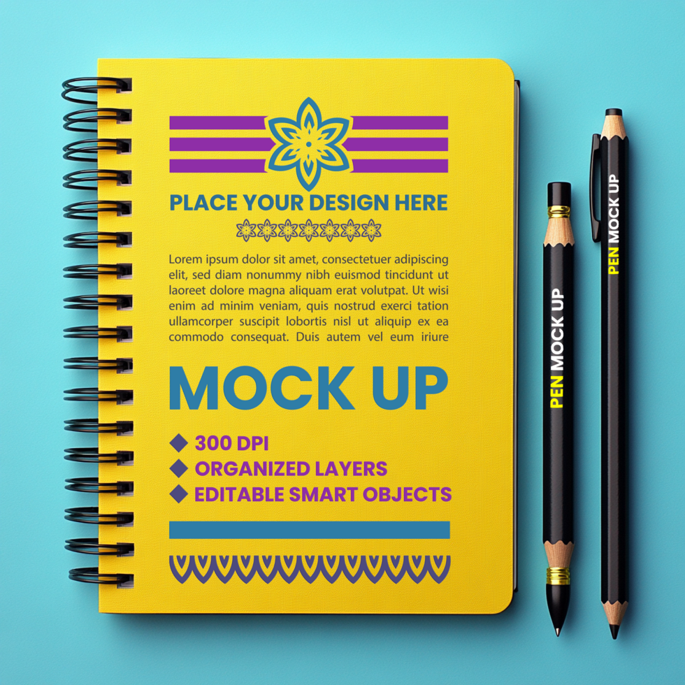 Paper spiral notebook and stationery cover mock up with binder and corporate spring notepad psd