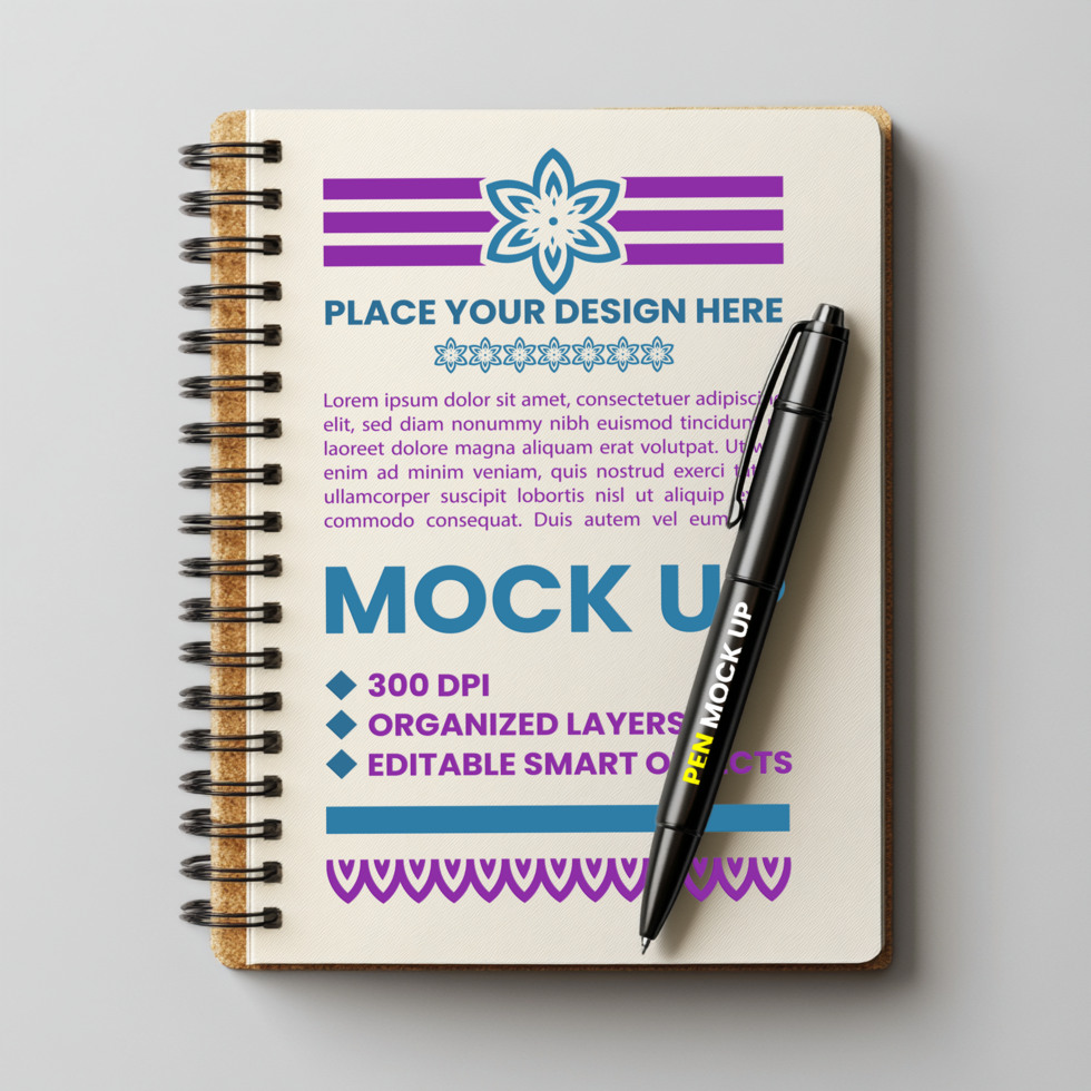 Spring notebook with spiral mock up notepad and corporate binder cover and paper stationery psd