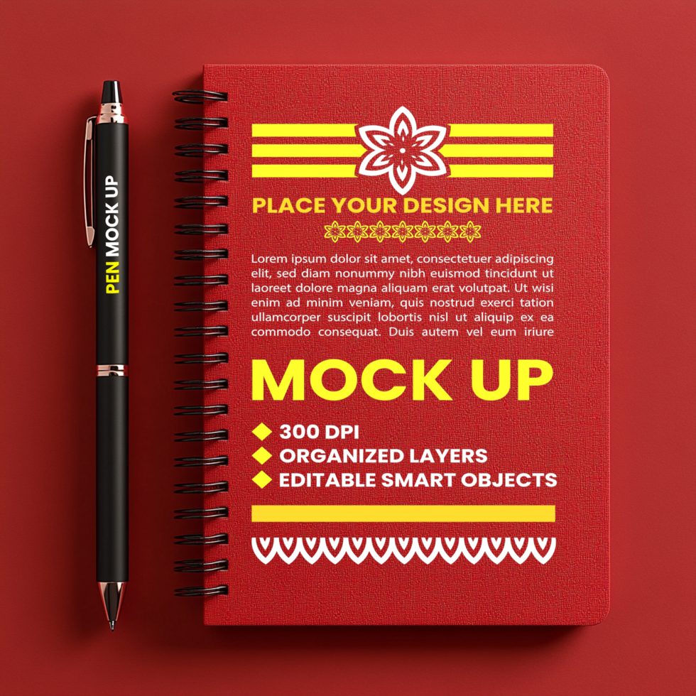 Spiral red maroon notebook mock up with spring notepad binder and corporate stationery paper collection psd