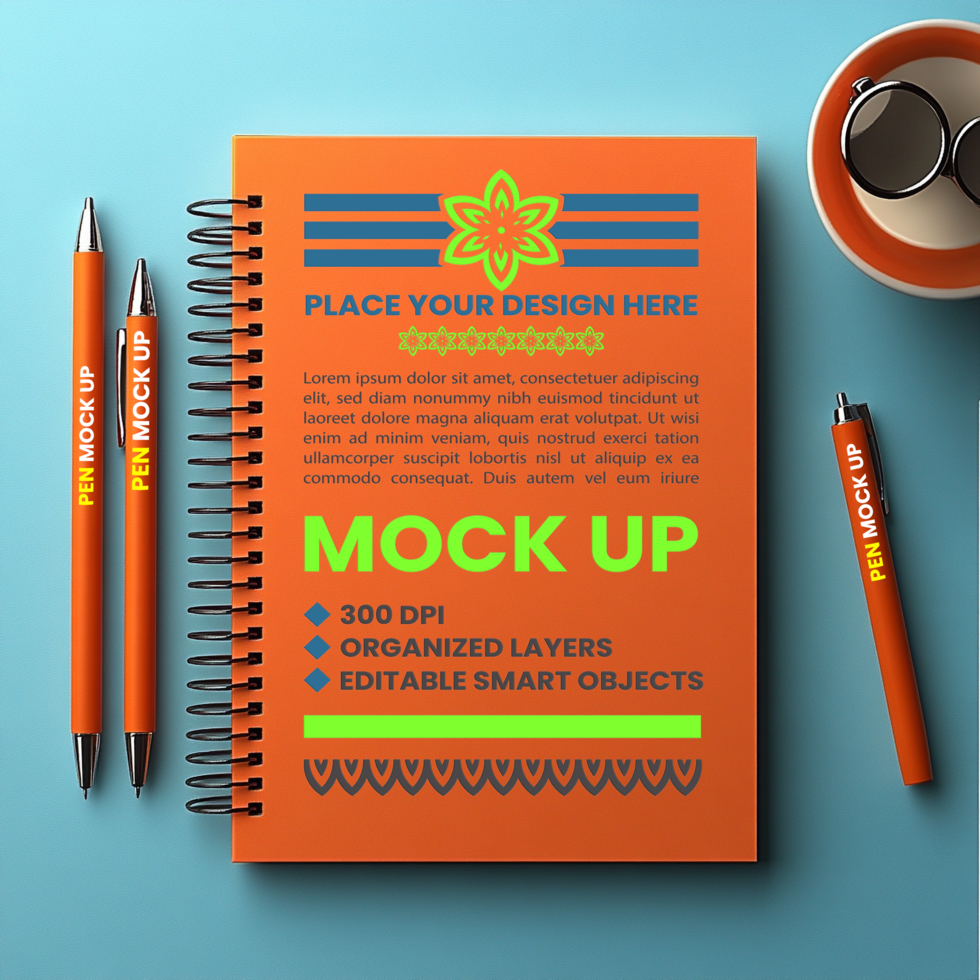 Spiral notepad notebook mock up with cover binder spring paper and corporate diary note psd