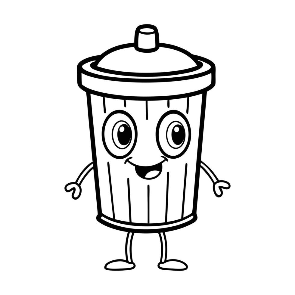 Cute cartoon trash can illustration for coloring books. vector