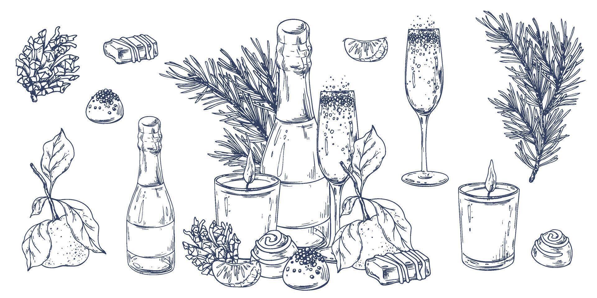 Christmas collection with tangerines, sweets, spices, champagne and plants. Graphic illustration hand drawn in black ink. A set of separate isolated elements of objects EPS . vector