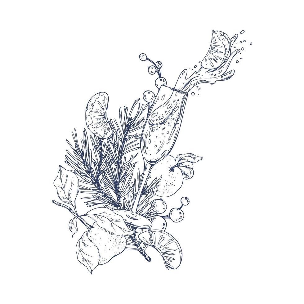 Christmas collection with levitation tangerines, glass of splashing champagne and pine twigs. Graphic illustration hand drawn in black ink. Composition, arrangement, sublimation EPS . vector