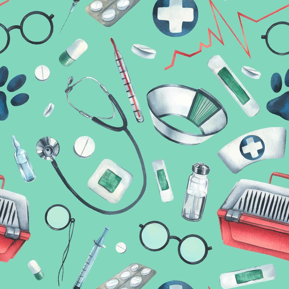 Veterinary medical instruments, medicines, stethoscope, blue cross on a turquoise background. Watercolor illustration, hand drawn. Seamless pattern for wallpaper, packaging, fabric, clothes. vector