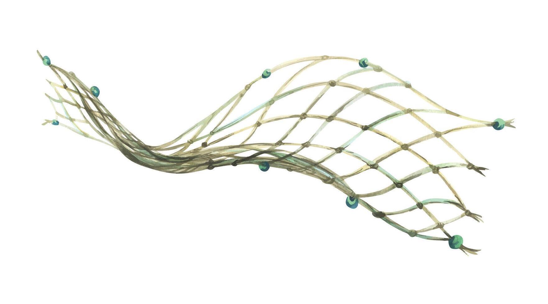 Brown fishing net with green floats, curved by a wave. Watercolor illustration hand-drawn on the theme of sea and fishing. Separate decorative element isolated from the background vector