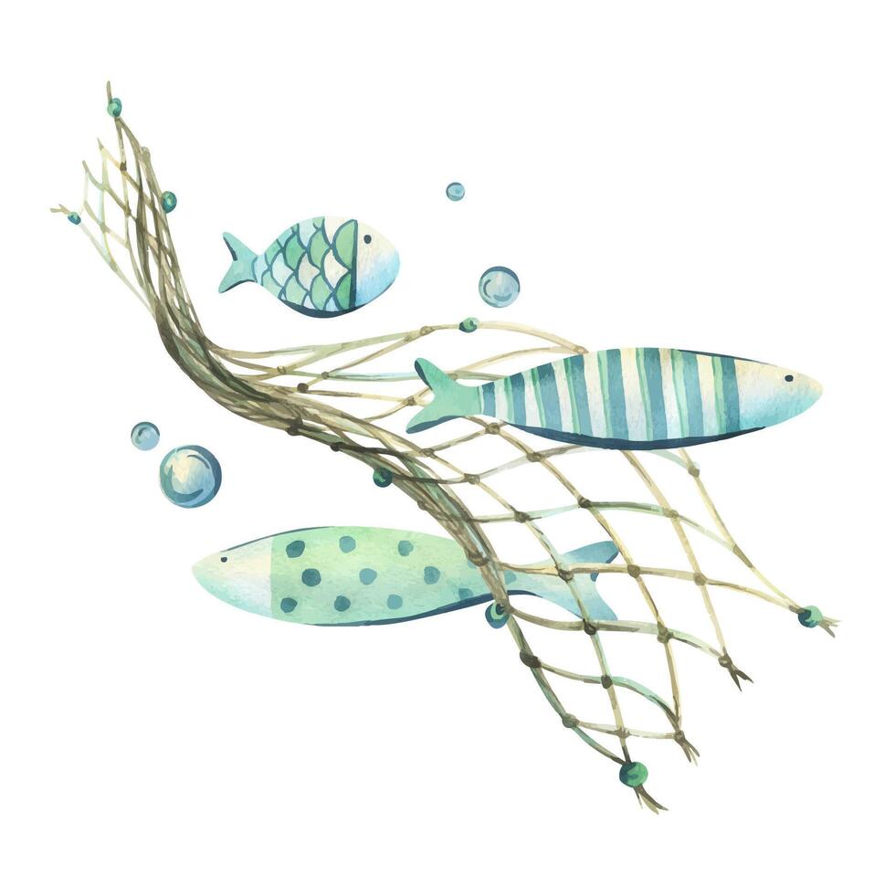 Fish blue and turquoise, simple in fishing nets with bubbles. Watercolor illustration hand-drawn on the theme of sea, underwater and fishing. Arrangement, sublimation isolated from the background vector