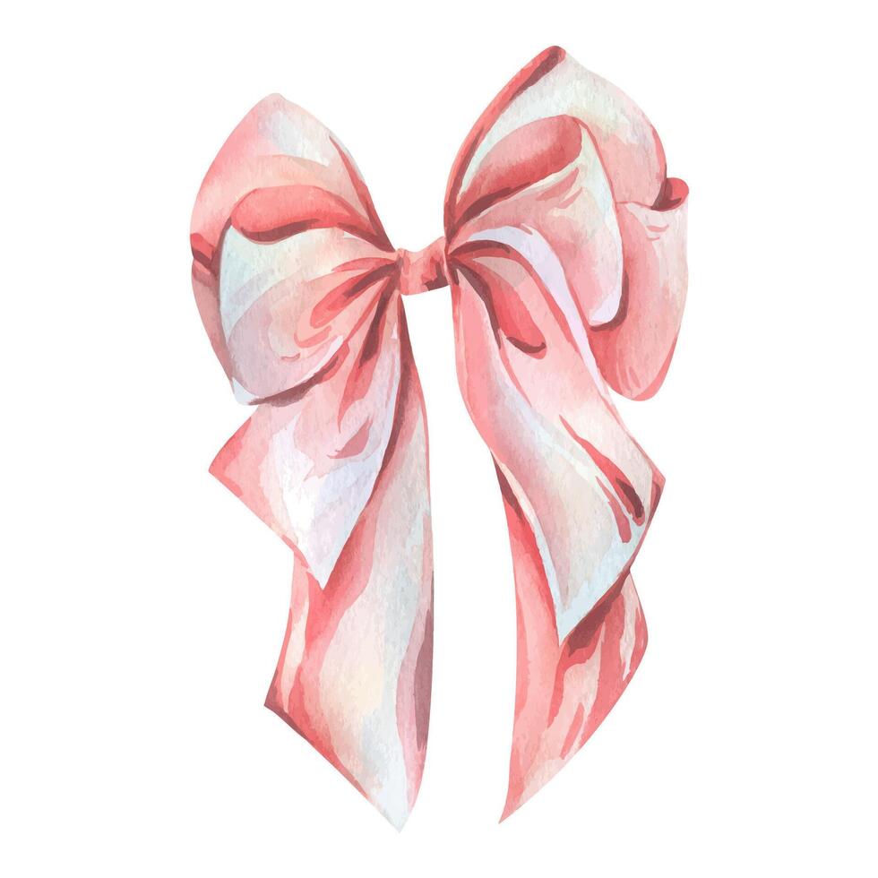 A large bow made of wide ribbon, multi-layered in pink, coral, and peach shades. Watercolor illustration, hand-drawn on the theme of Bows of coquettes. A separate element isolated from the background vector