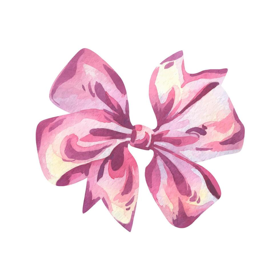 A large bow made of wide ribbon, chic in pink, lilac and purple shades. Watercolor illustration, hand-drawn on the theme of Bows of coquettes. A separate element isolated from the background vector