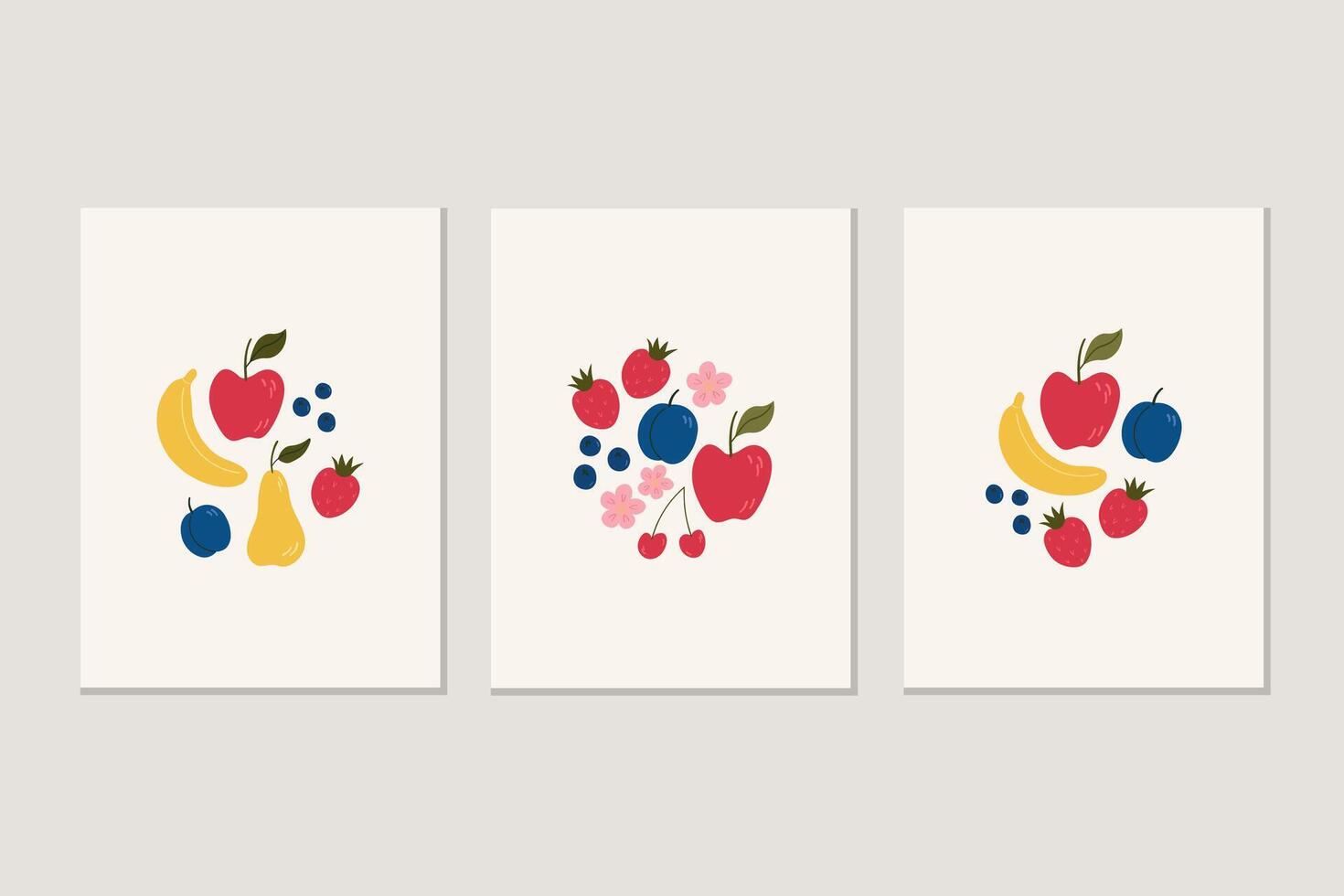 Posters with Fruits harvest. Border Cards with bananas, plums, blueberries, strawberries, cherries, pears, apples, flowers. Design for printing, menu, wallpaper, template. Food, summer, fruity vector