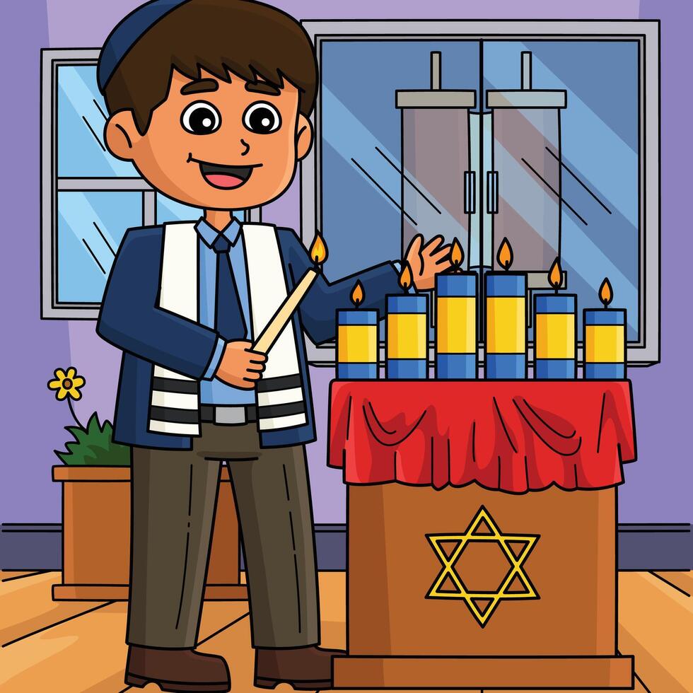 Bar Mitzvah Boy Lighting Candies Colored Cartoon vector