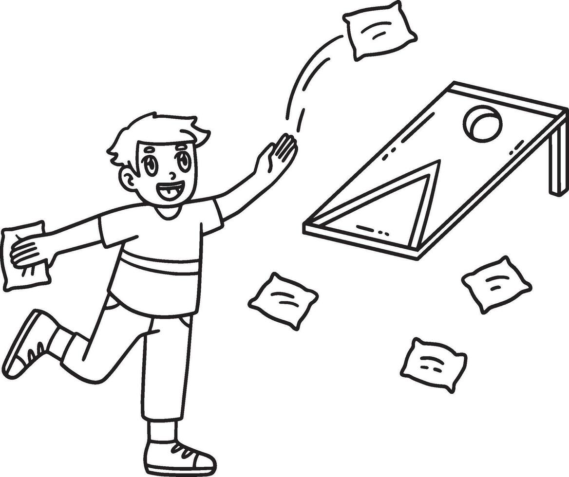 Cornhole Boy Tossing Bags Isolated Coloring Page vector
