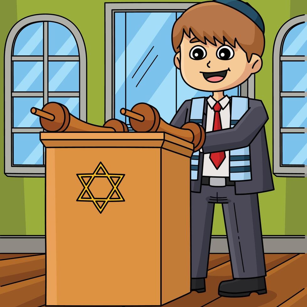 Bat Mitzvah Boy Reading the Torah Colored Cartoon vector