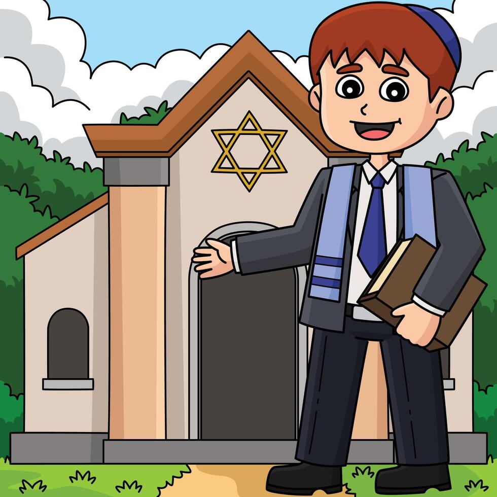 Bar Mitzvah Boy at Synagogue Celebrating Colored vector