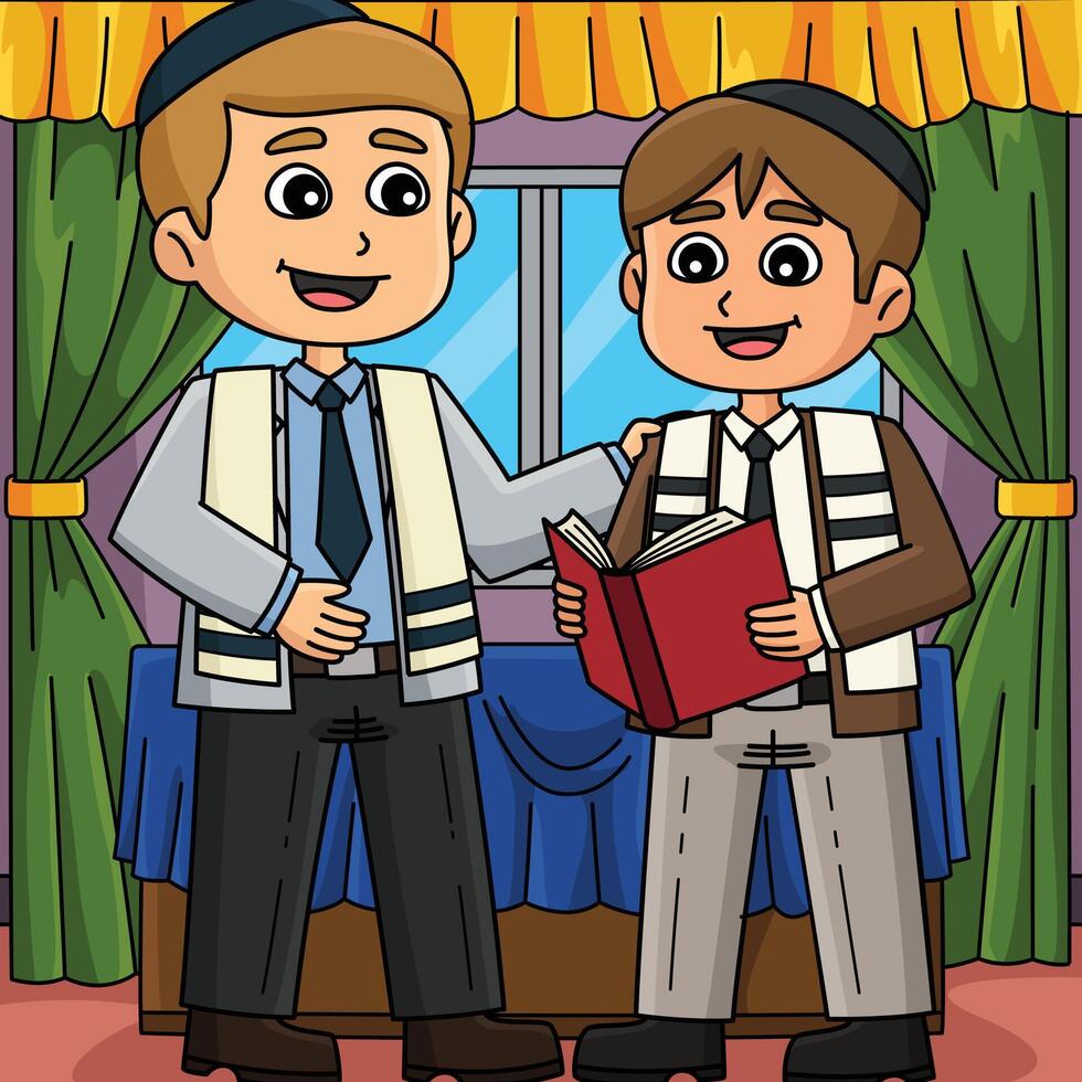 Bar Mitzvah Boy with a Rabbi Colored Cartoon vector