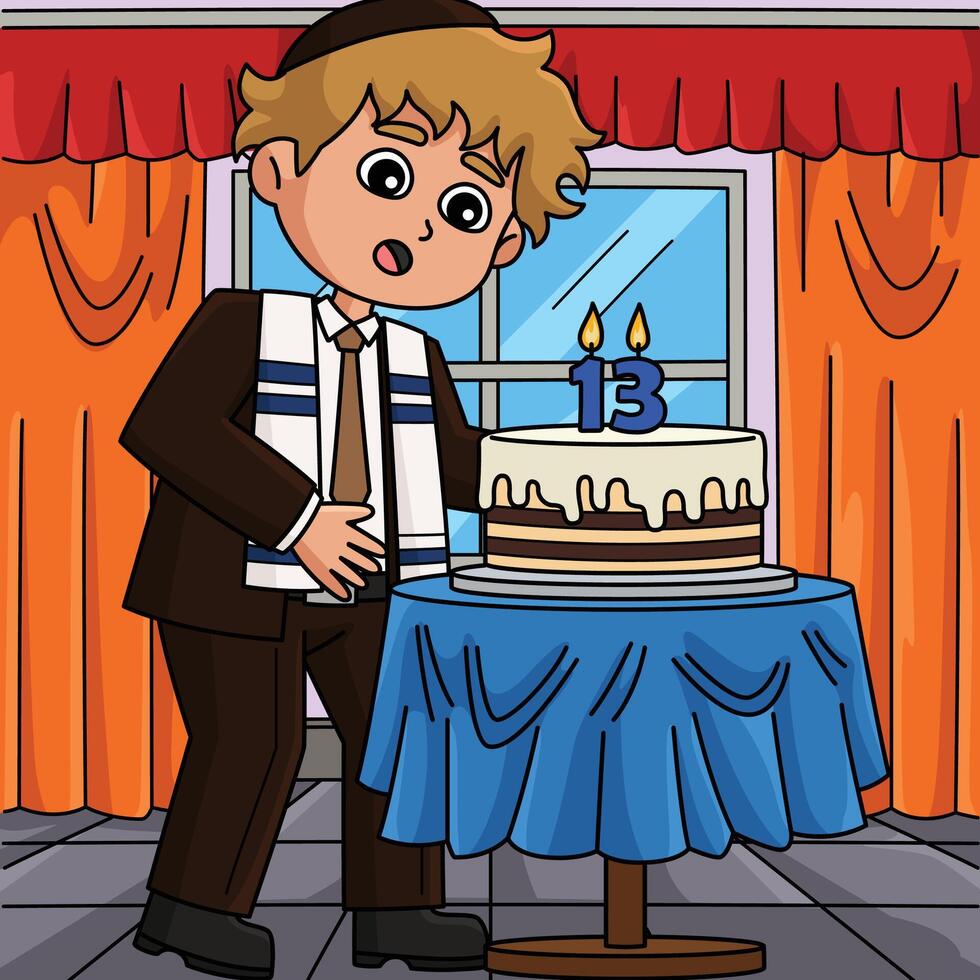 Bar Mitzvah Boy Turning 13 Colored Cartoon vector