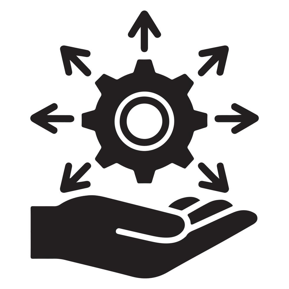Hand holding a gear with multiple arrows representing interconnected processes. vector