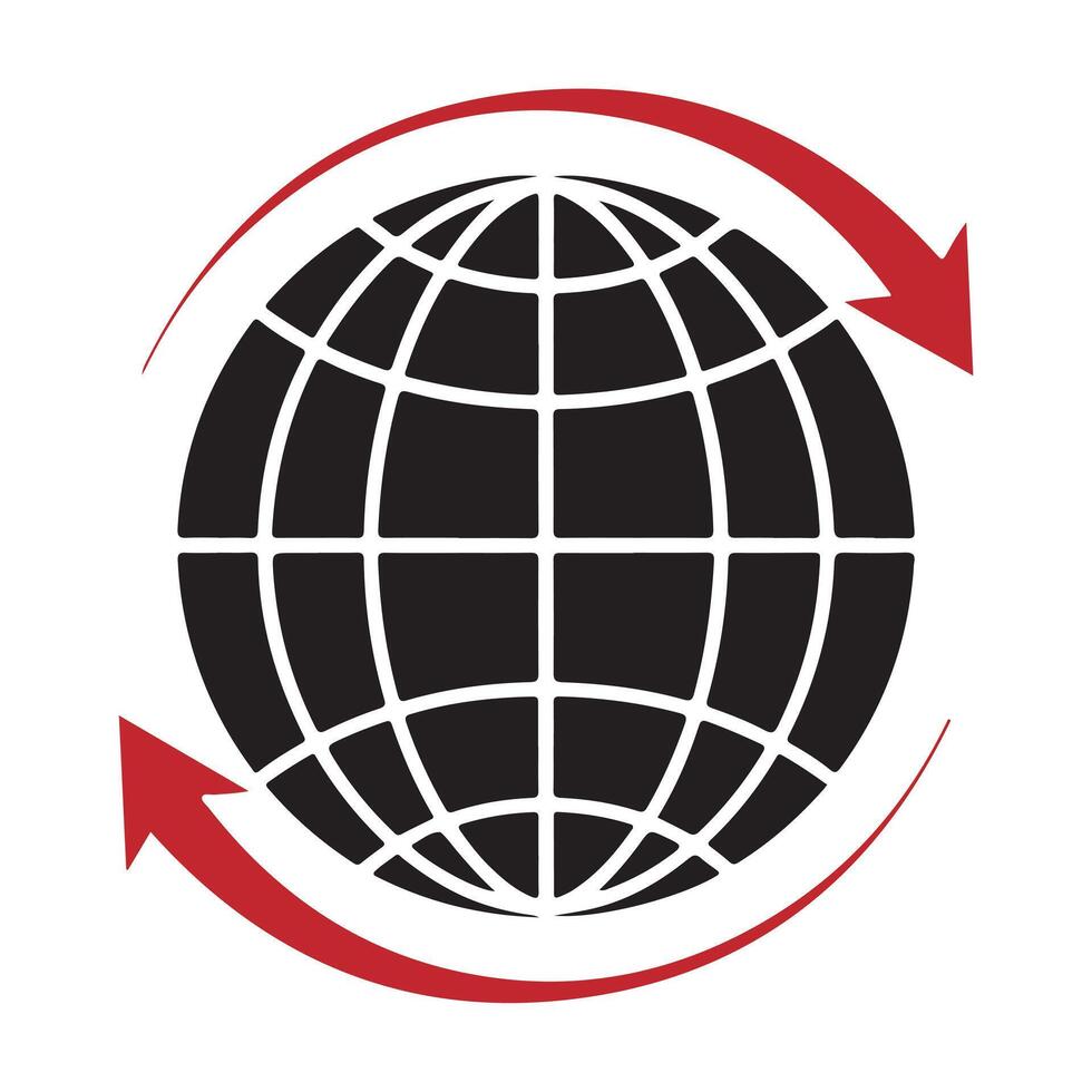 Global Connectivity A black globe encircled by red arrows symbolizing worldwide communication. vector