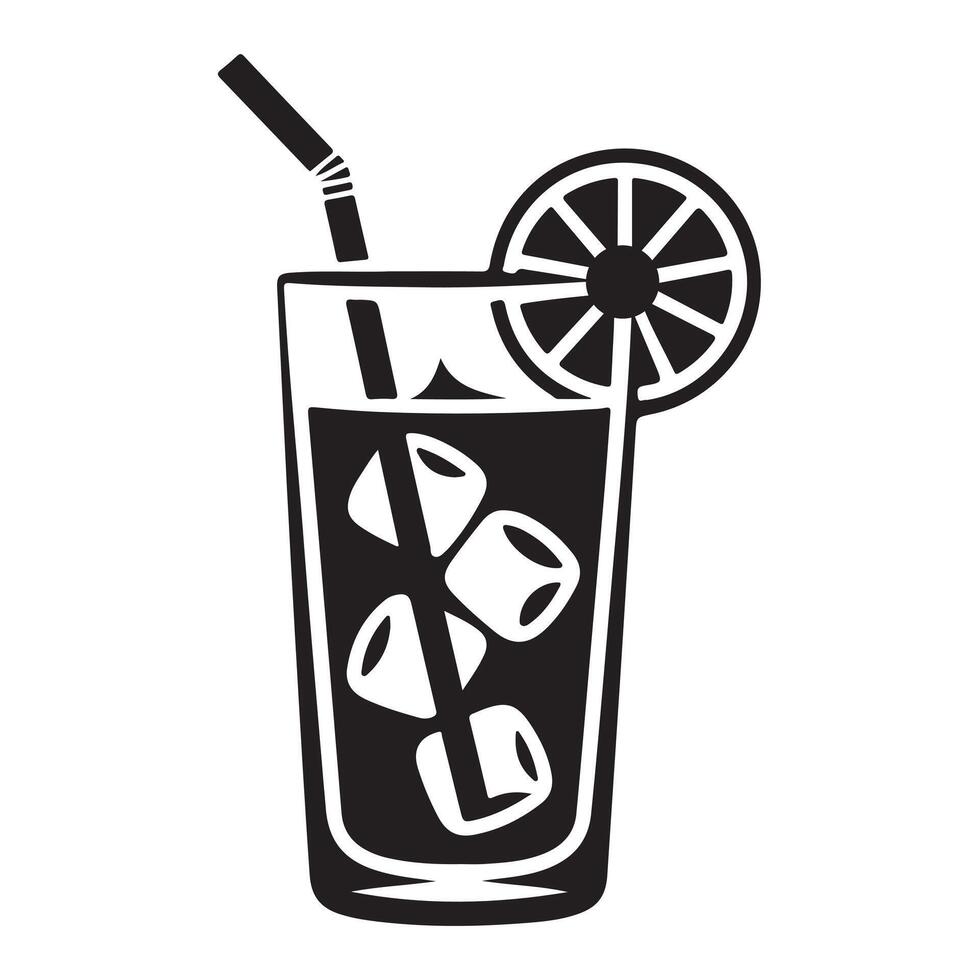 Refreshing iced beverage in a glass with straw and citrus garnish. vector